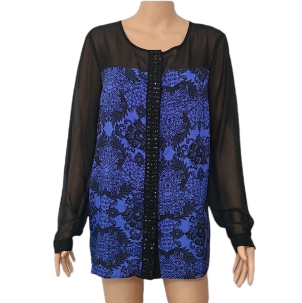 NWT- Jaclyn Smith Blue‎ and Black Sparkly Button Up Size L